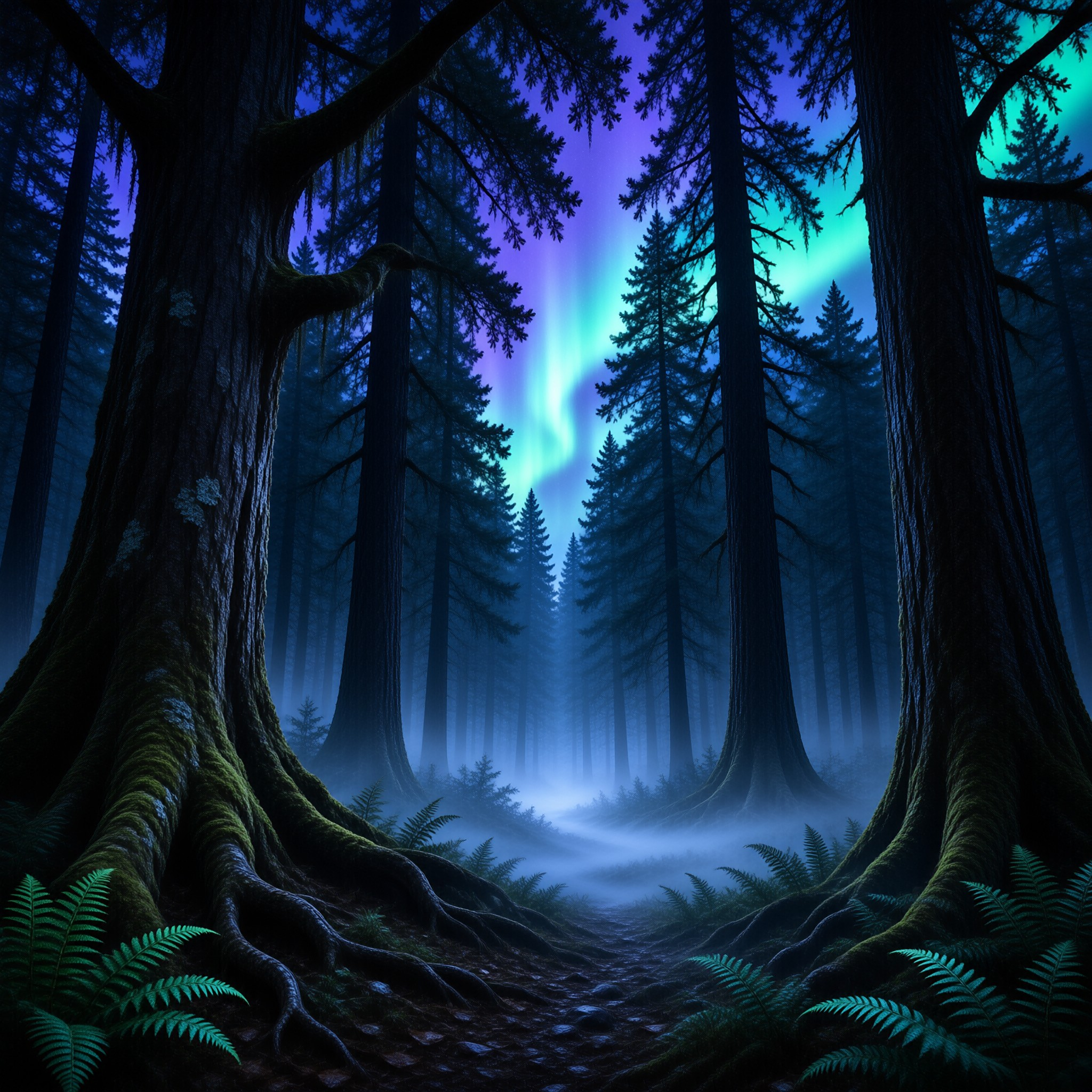 Aurora Over Misty Forest