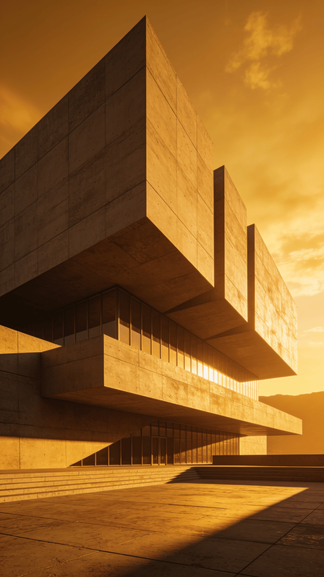 Cultural Center with Brutalist Massing — Golden Sunset