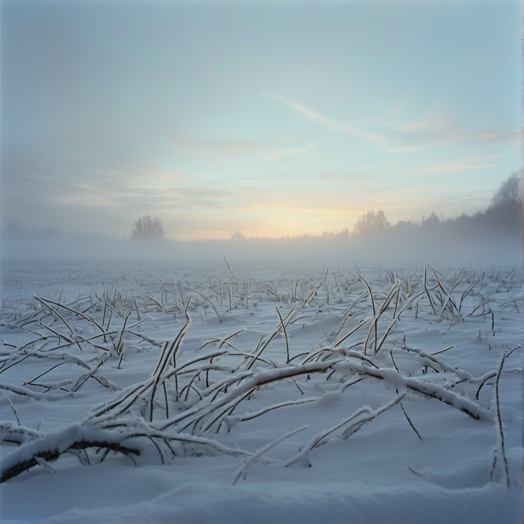 Dried plant stalks protrude from a snow covered field under a foggy sky with soft dawn light.