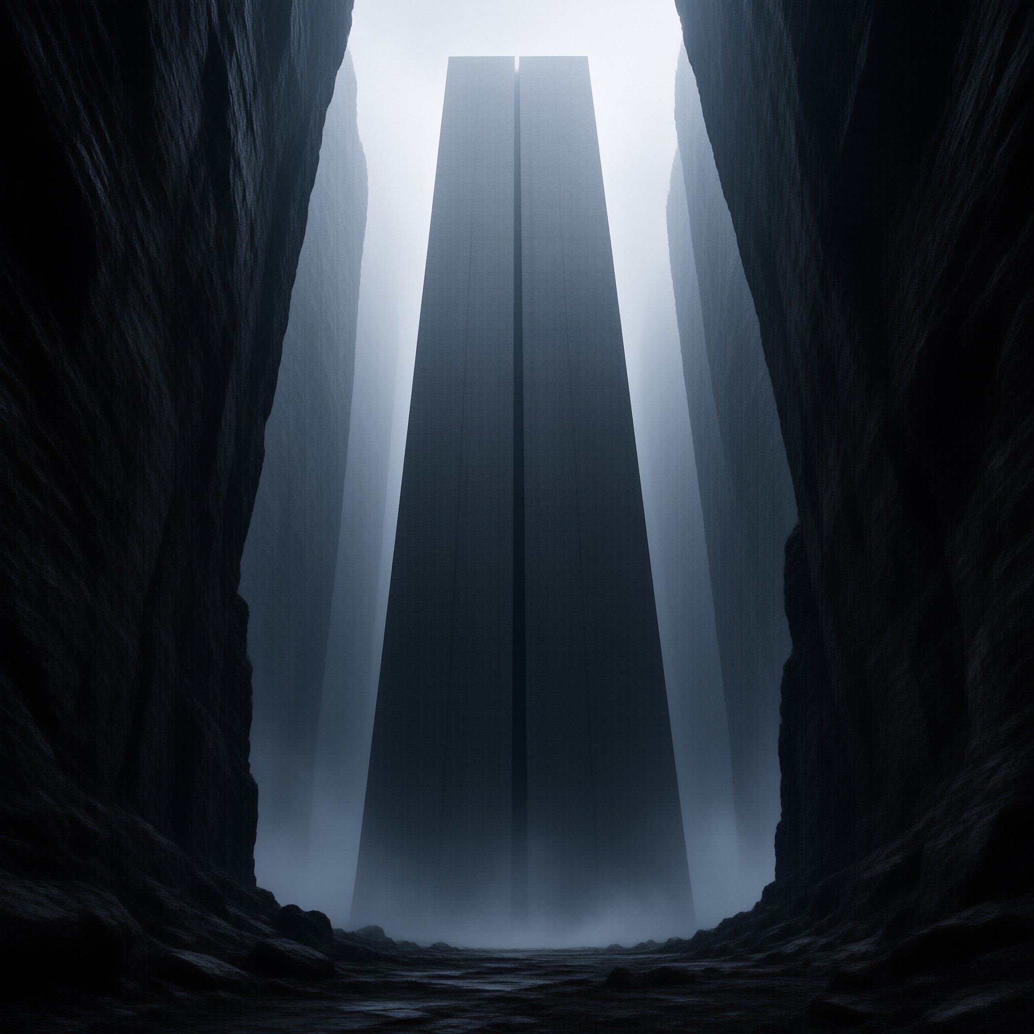 Two massive structures emerge from the misty depths of a dark rocky canyon creating a stark silhouette against the sky.
