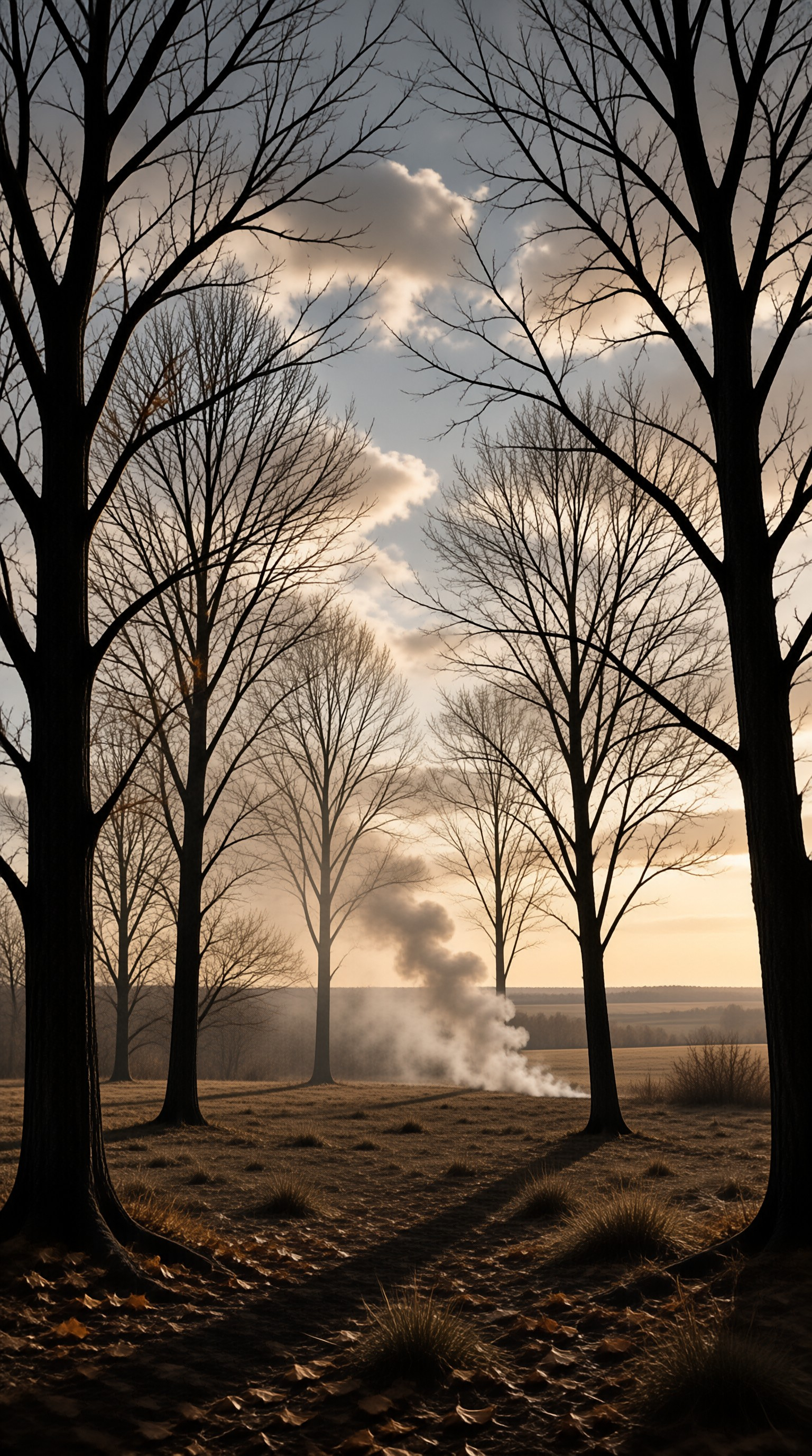 Dark bare trunks frame a golden dusk sky while steam drifts up from the dry grass below.