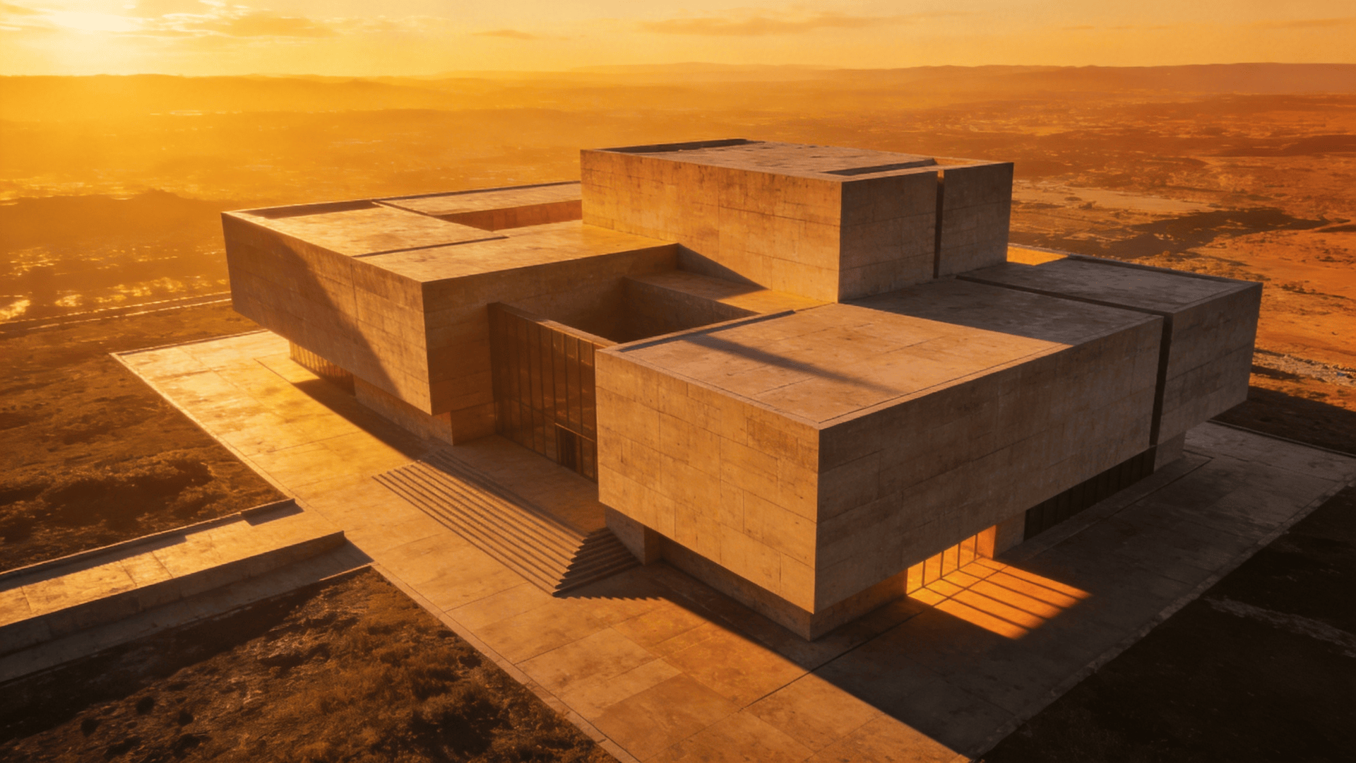 Museum with Brutalist Massing — Golden Sunset