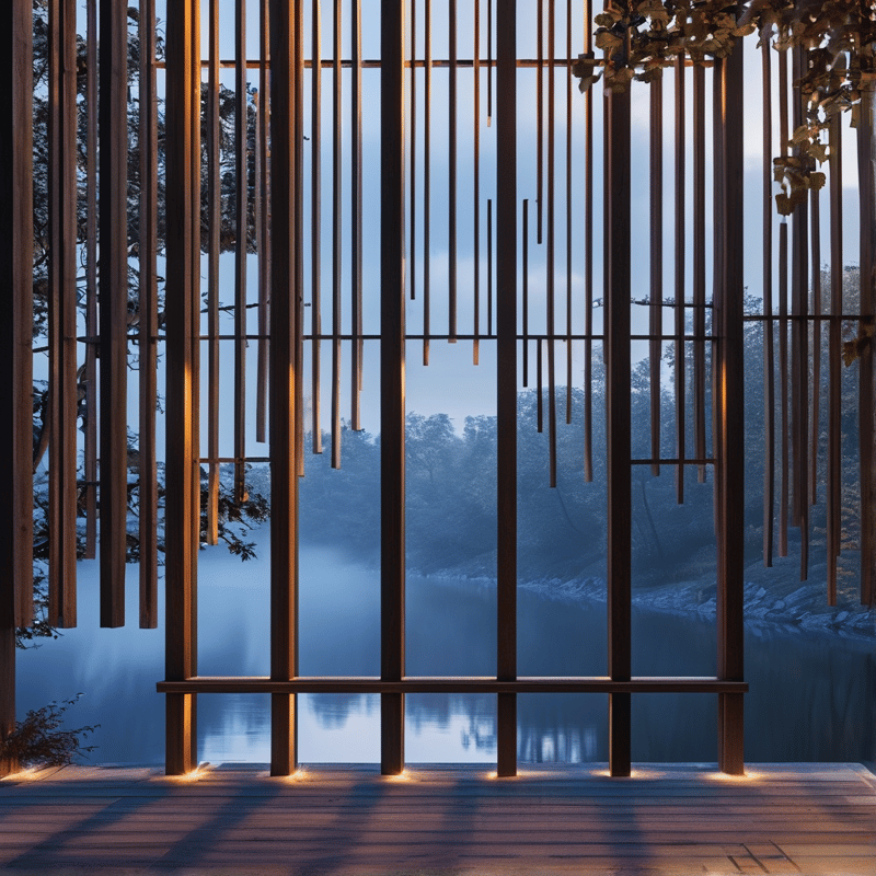 A dark wood slatted colonnade stands on a wooden deck facing a misty lake backed by forested hills, warm light glows along the slats and deck against cool blue twilight.