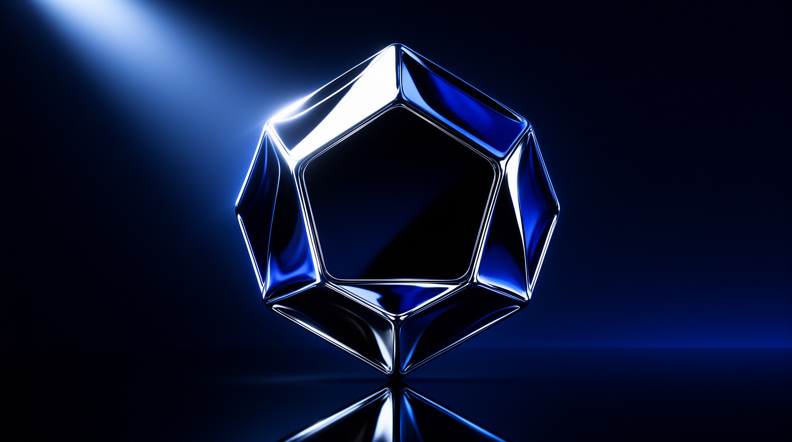 A shiny blue crystal polyhedron sits on a dark reflective surface while a bright cool light shines from the upper left corner.
