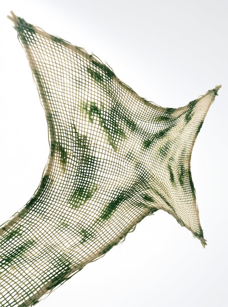A translucent net with green brushstrokes suspended in plain white space