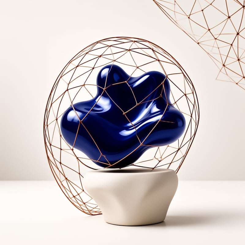 A glossy deep blue organic form floats within a delicate copper wire sphere on a pale pedestal.