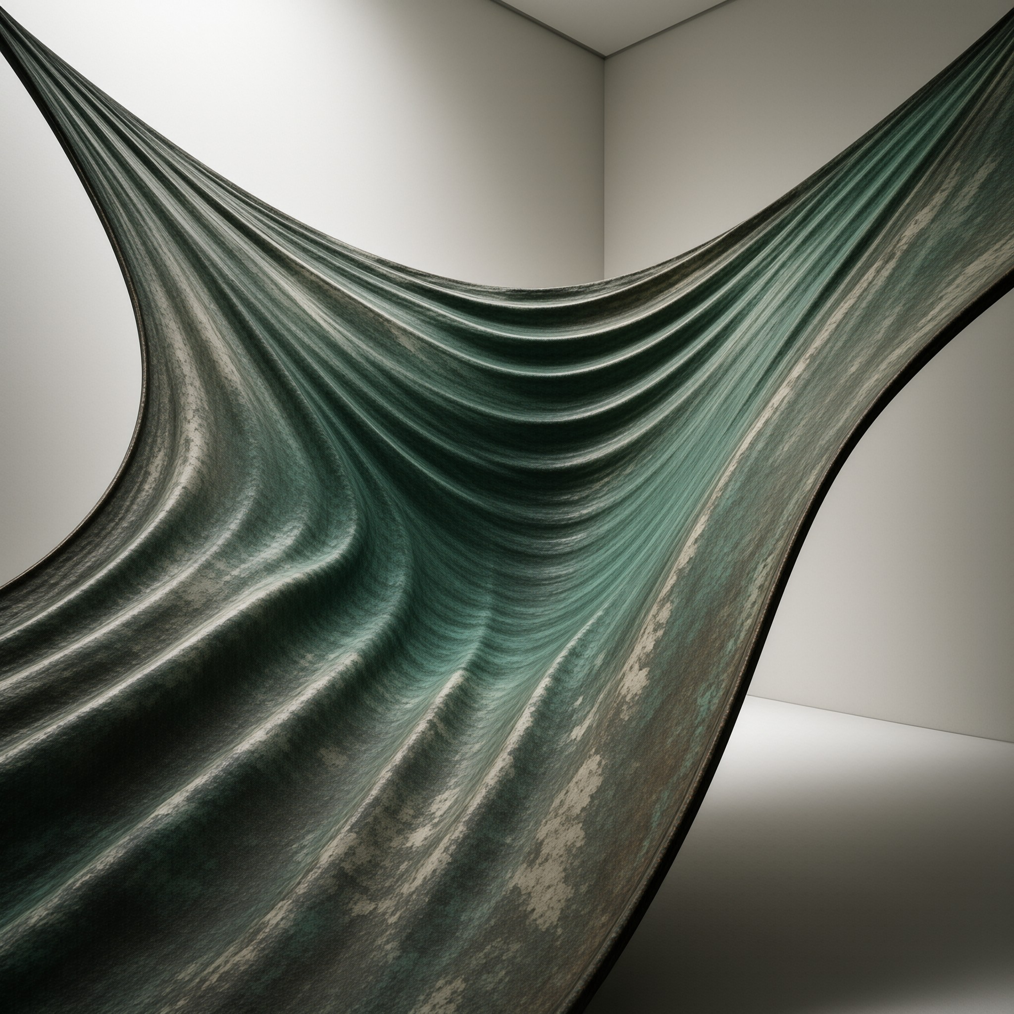 Shiny teal velvet fabric hangs in sweeping curved folds between the bare pale walls of a minimal gallery corner, lit by soft diffused light.
