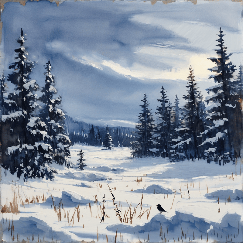 A lone bird stands on snow before a frozen river and tall pine trees under a cloudy sky.