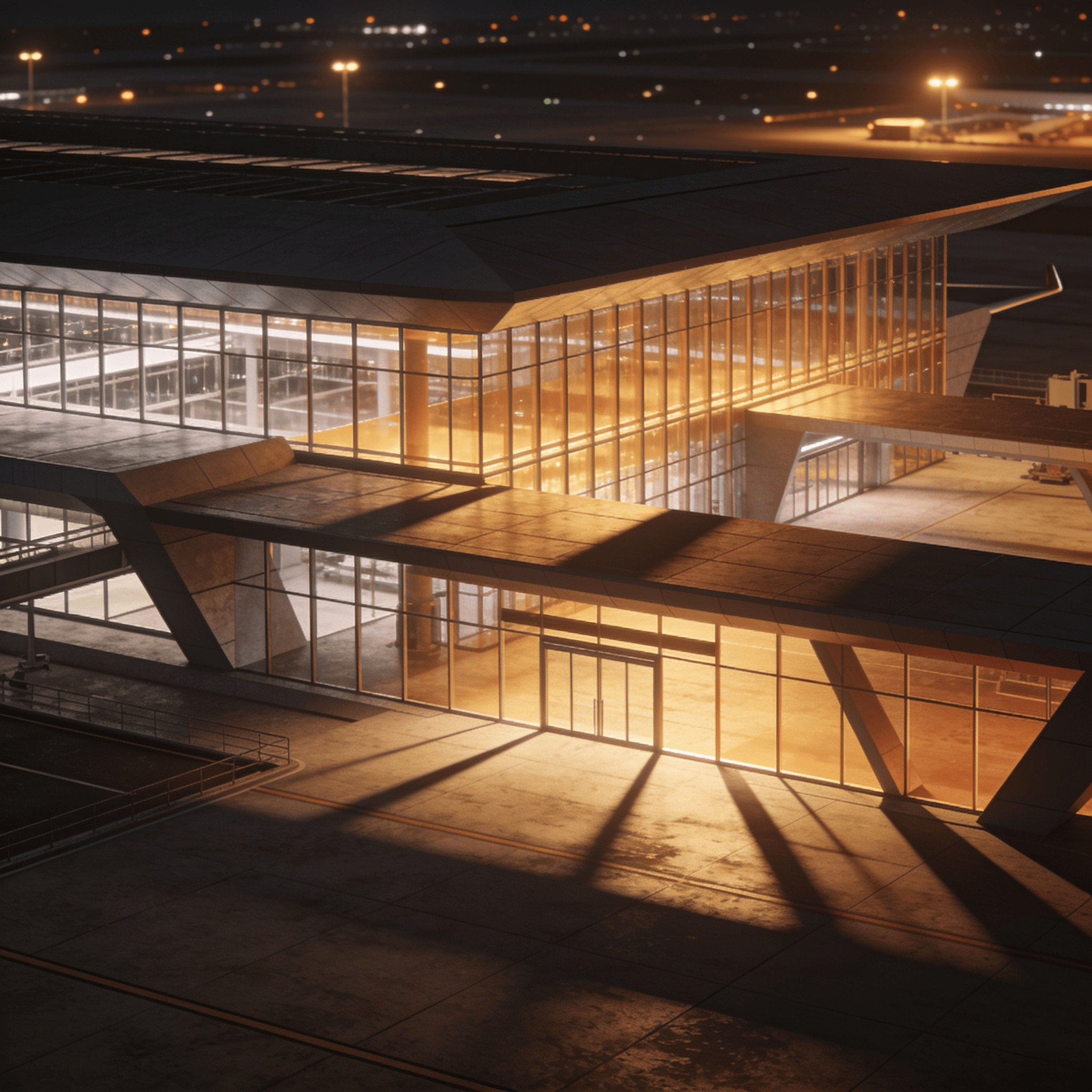 Terminal with Glass Curtain Wall — Night With Warm Lights