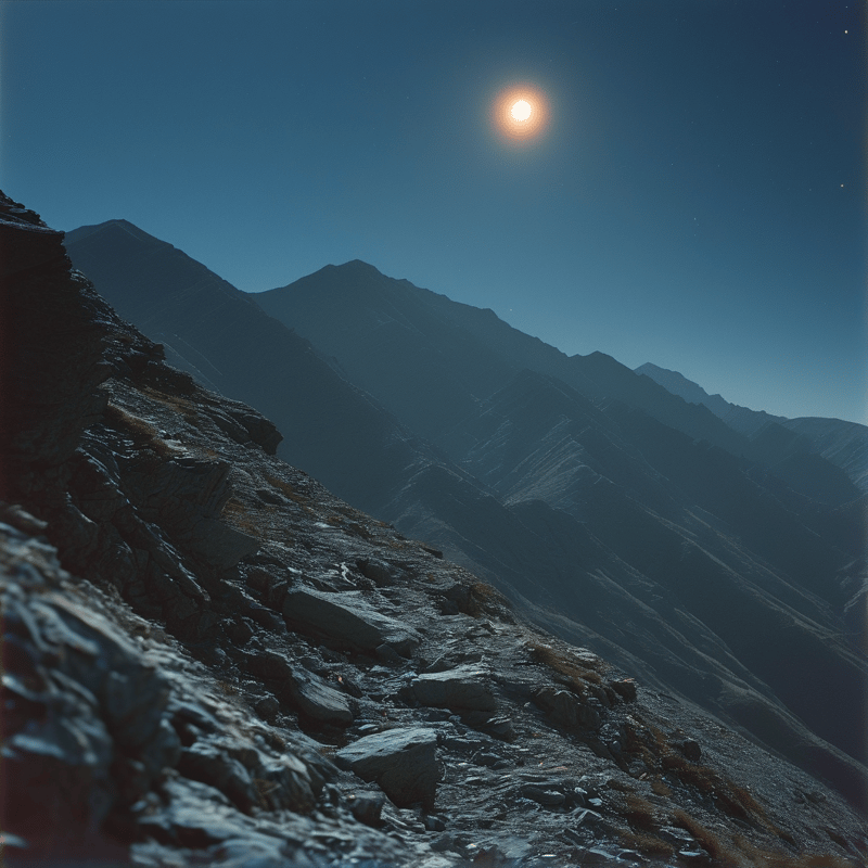 A rugged rocky foreground frames distant blue ranges lit by a glowing moon in the deep night sky.