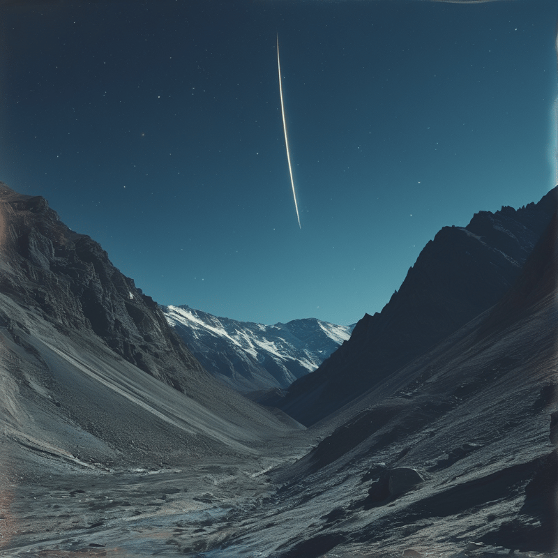 A bright light trails across the deep blue sky above a dark valley with snow capped peaks in the distance.