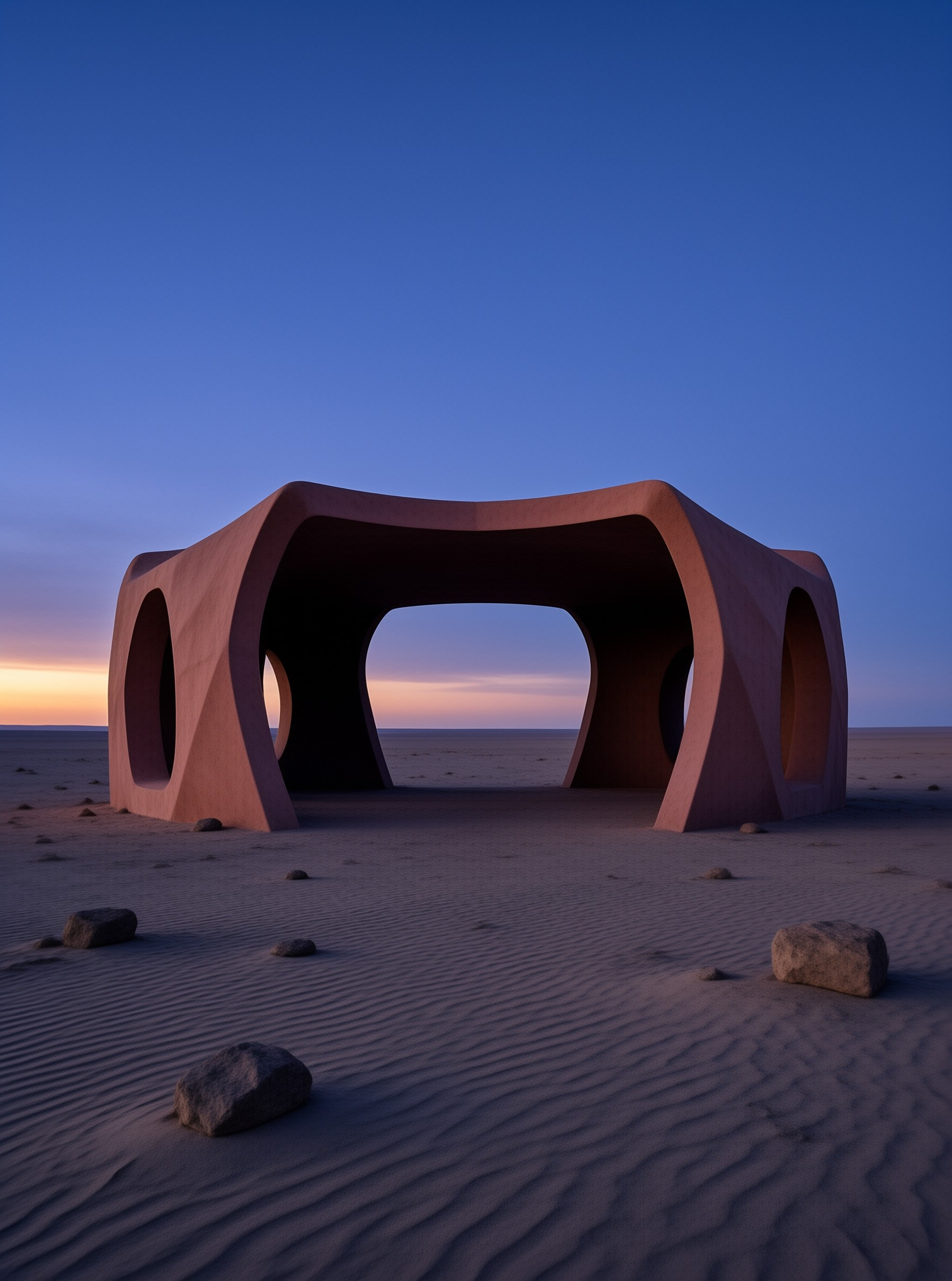 A reddish organic shelter with large arches stands in a vast desert under a blue and orange twilight sky.