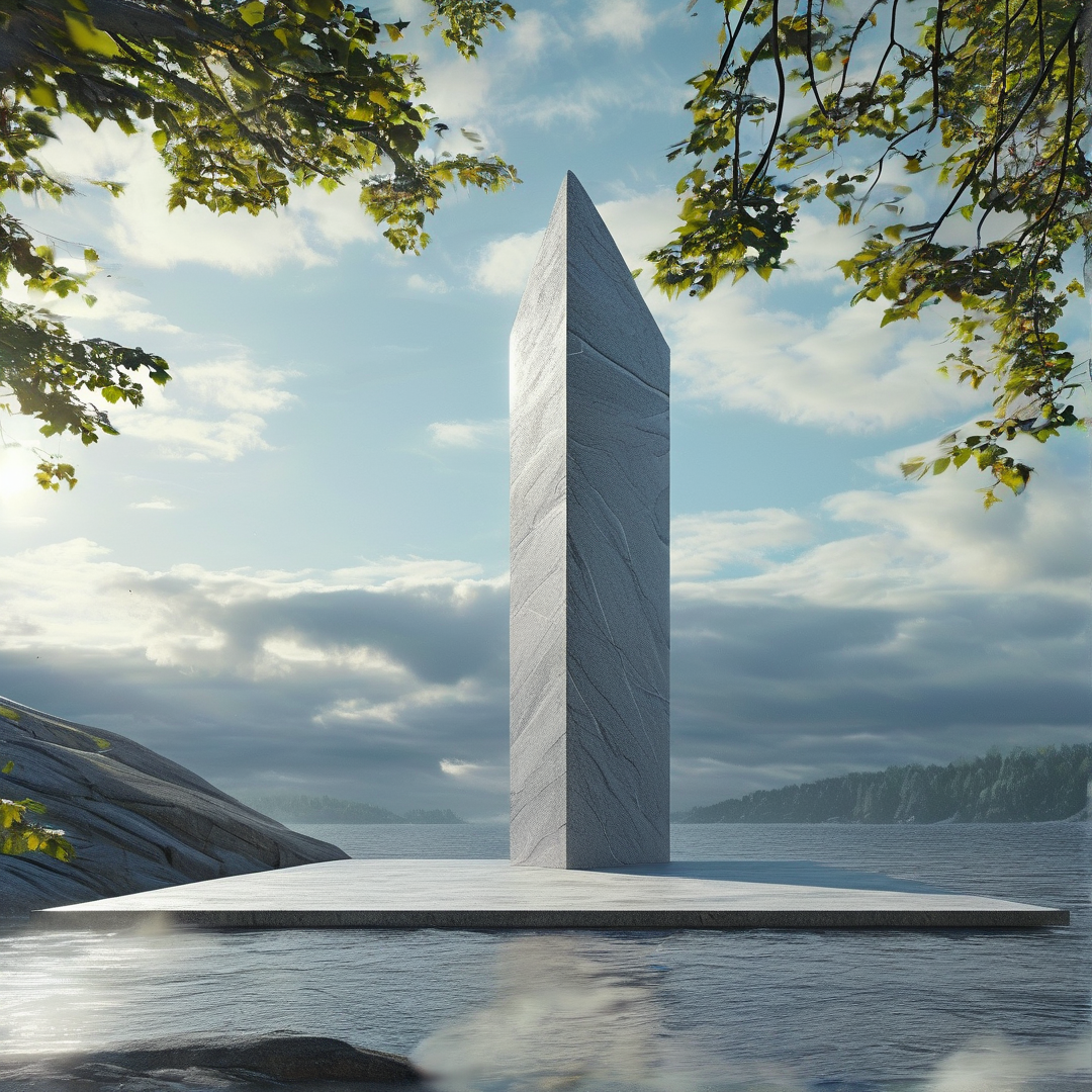 A tall white stone pillar stands on a flat platform surrounded by blue water and distant trees under a cloudy sky.