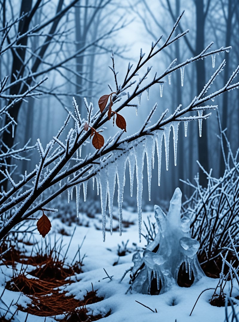 Rows of delicate icicles dangle from a rimed twig holding rust colored leaves above a frozen forest floor