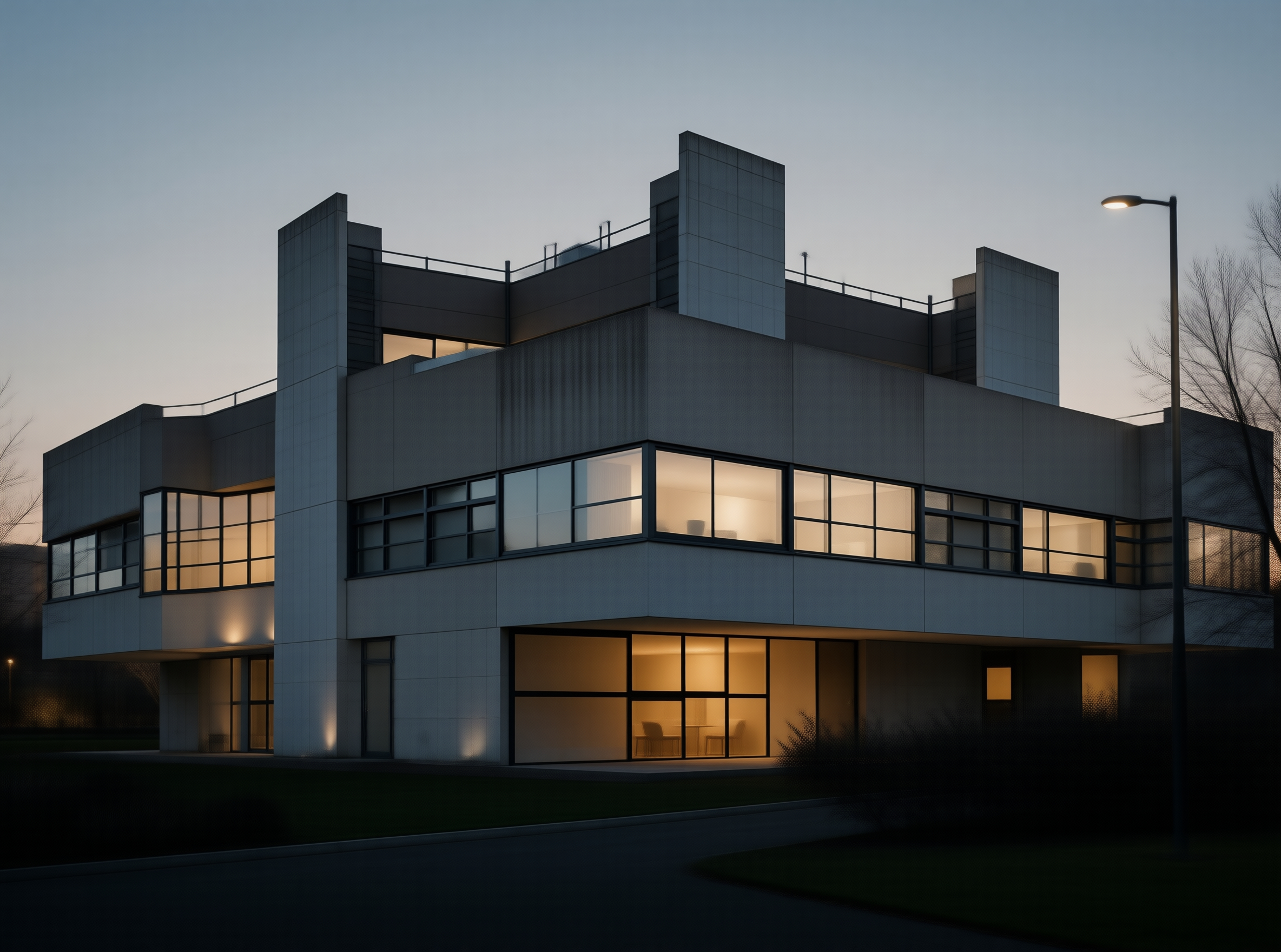 Modernist Concrete Building at Dusk