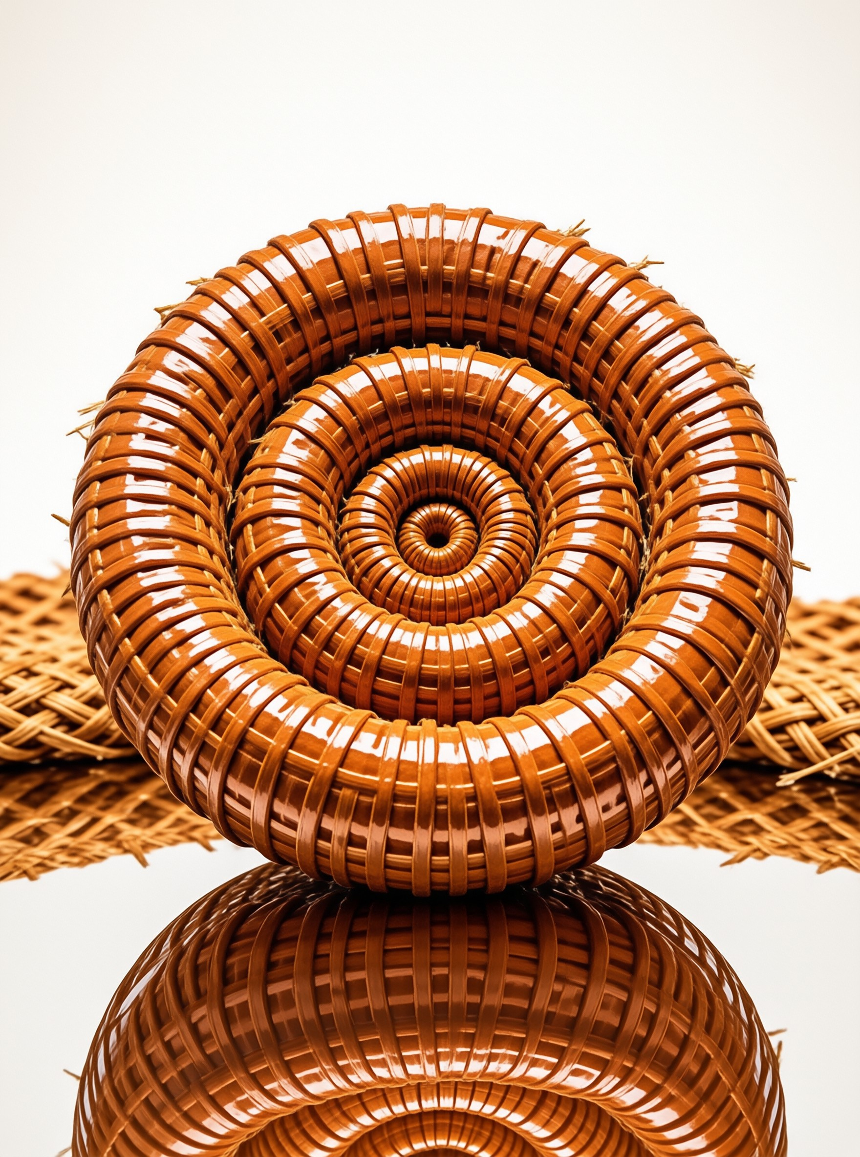 A close up view of a shiny brown spiral coil resting on a white surface with woven baskets blurred in the background.