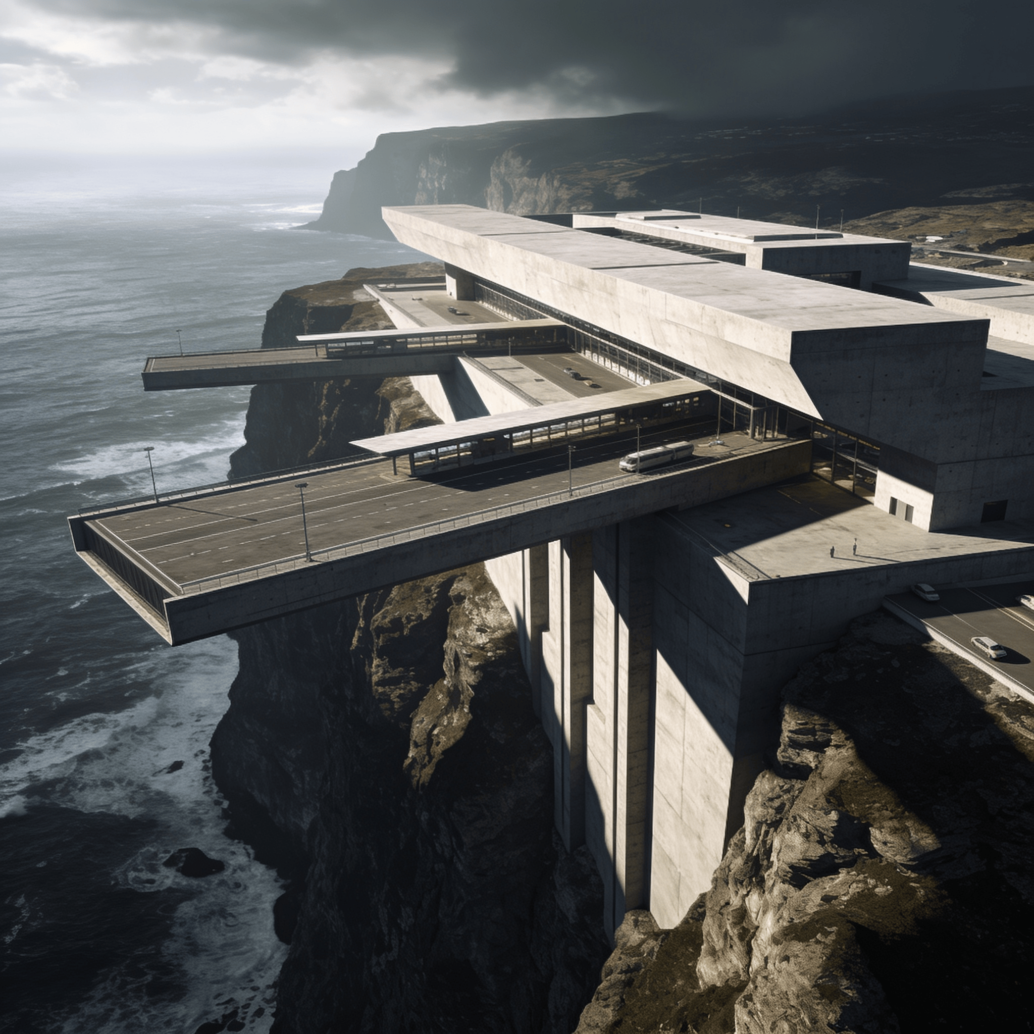 Terminal with Brutalist Massing — Coastal Cliff