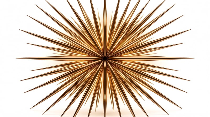 Polished copper needles fan outward from a dark center point, forming a symmetrical sunburst against a clean white ground.