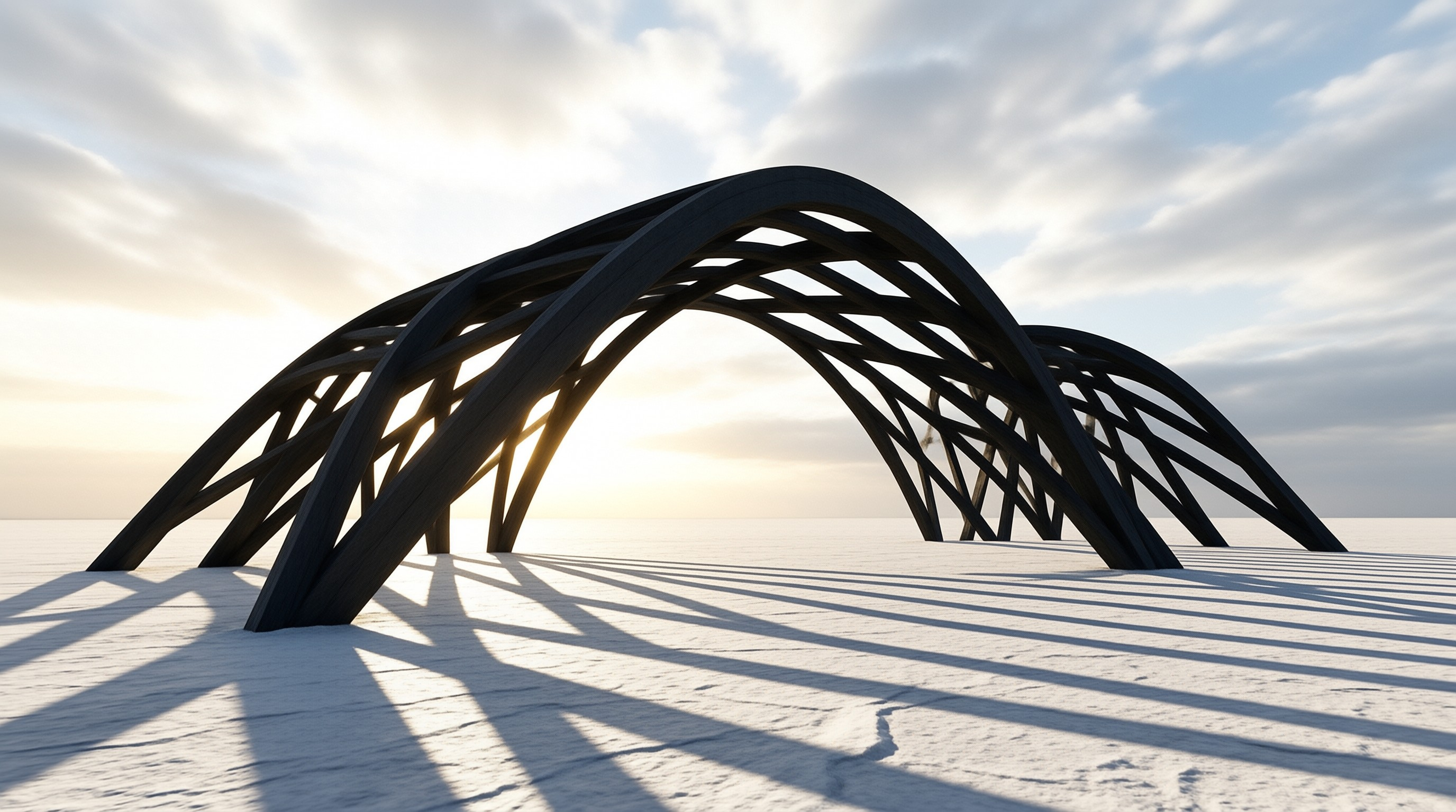 A dark wooden arch structure stands on a white salt flat, casting long parallel shadows under bright sunlight.