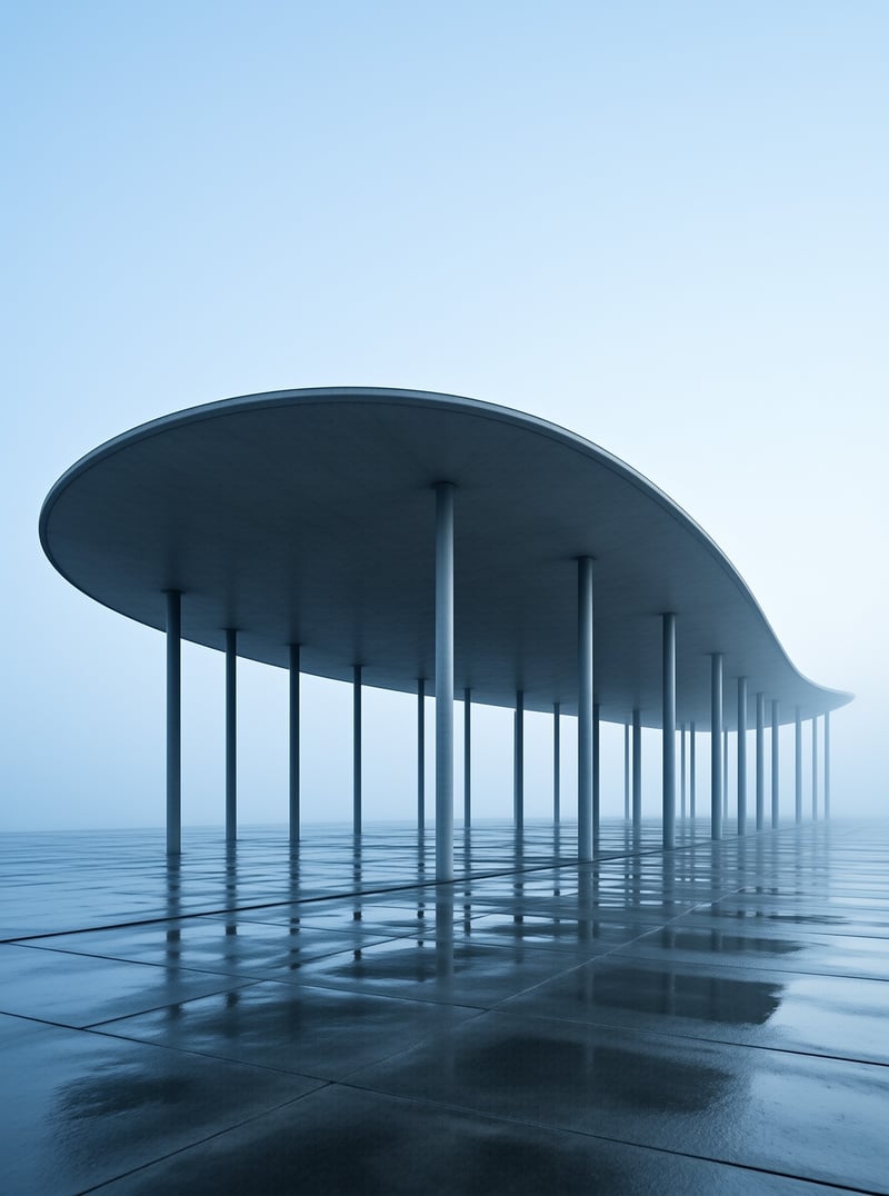 A curved roof supported by slender pillars stands over a wet, reflective floor in a misty blue environment.