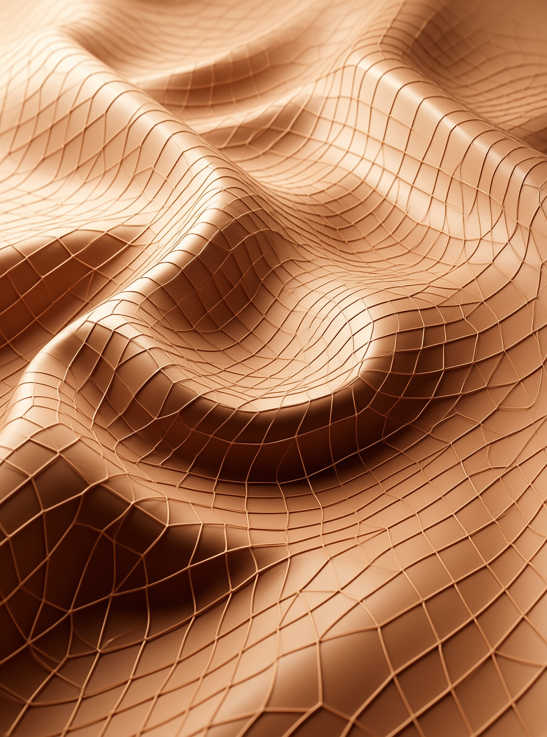 A close-up view of a warm-toned grid mesh undulating across a smooth surface with soft shadows.