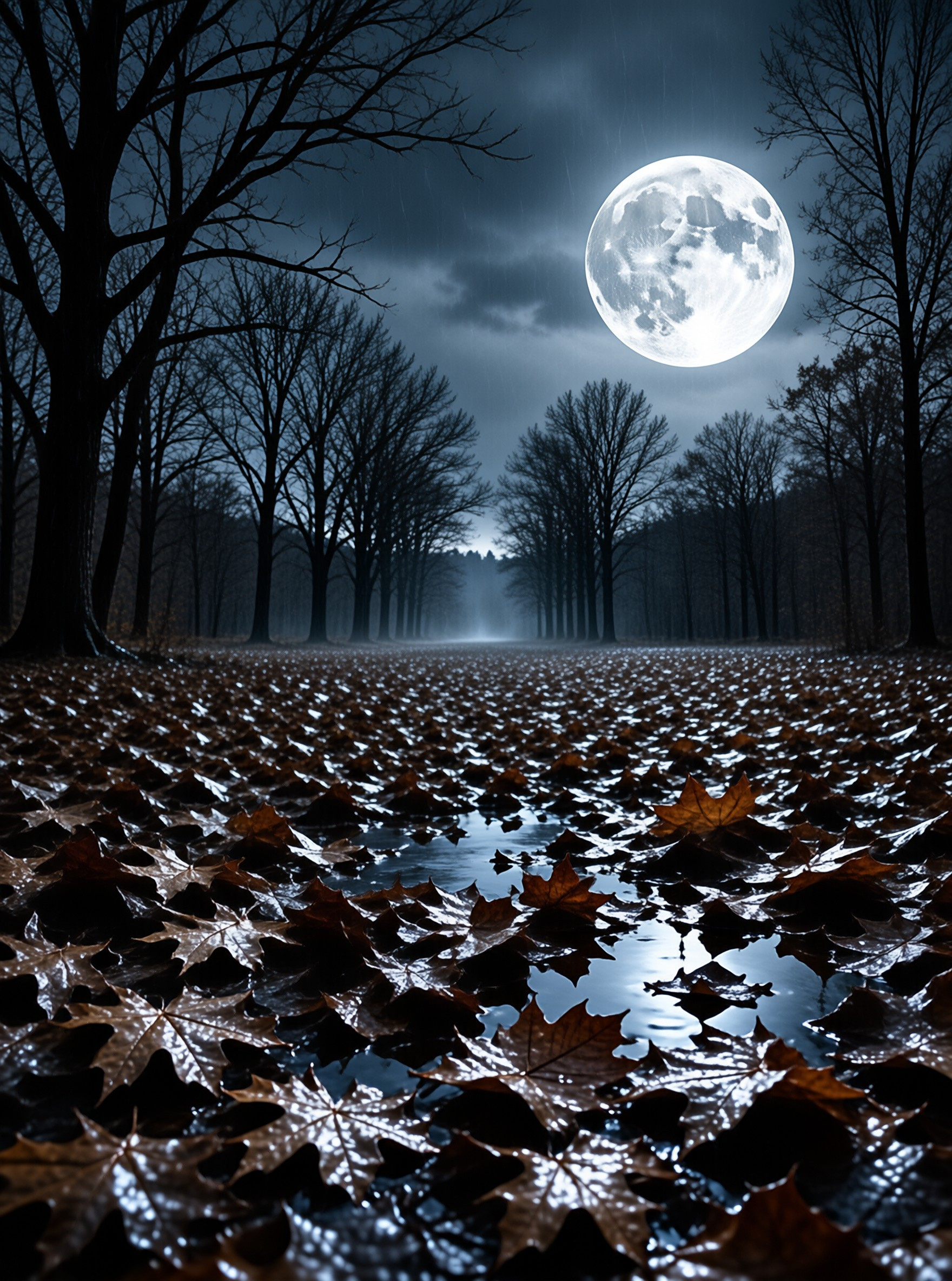 Ground covered in wet autumn leaves reflects the light of a huge full moon shining through clouds above a dark forest path.