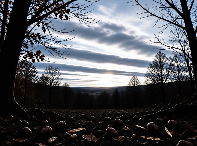 Scattered acorns lie on the dark forest floor as sunlight filters through heavy clouds over a distant valley.