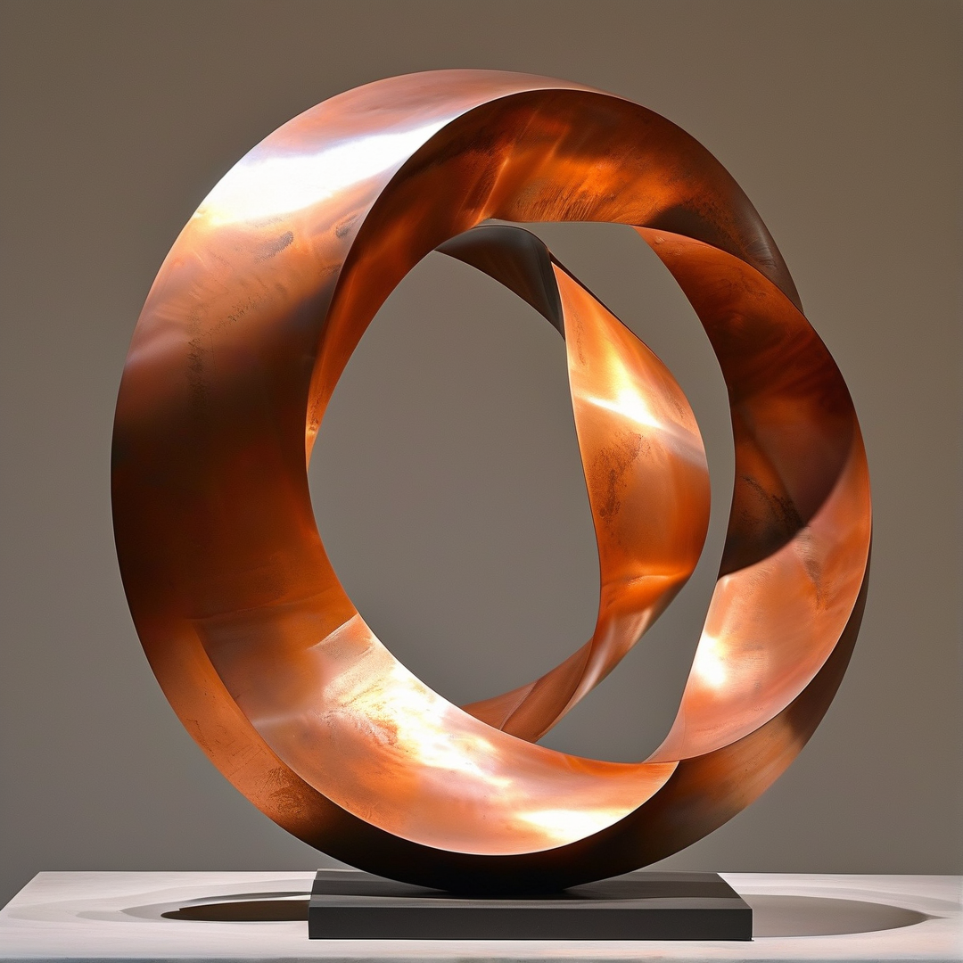 Abstract metal loops form a sculpture on a white pedestal within a minimalist gallery space with warm lighting.
