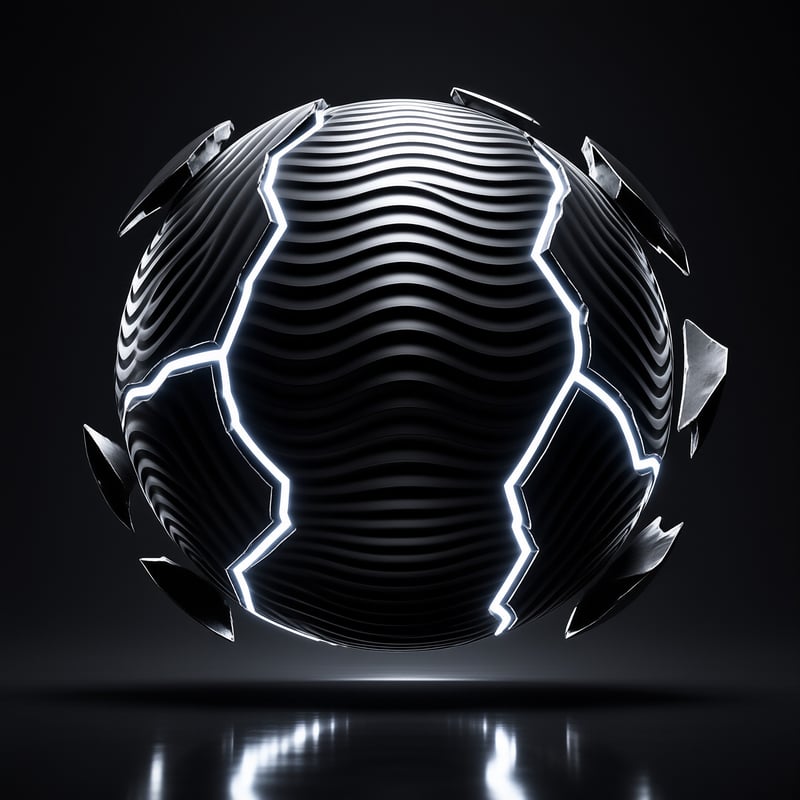 A polished metal sphere fractured open with bright glowing seams, floating above a dark reflective floor.