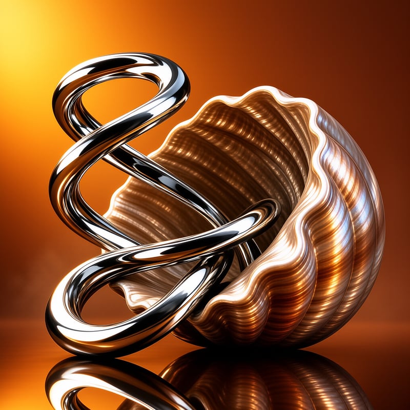 A twisted silver tube wraps around a textured golden shape against a warm orange gradient showing reflections.