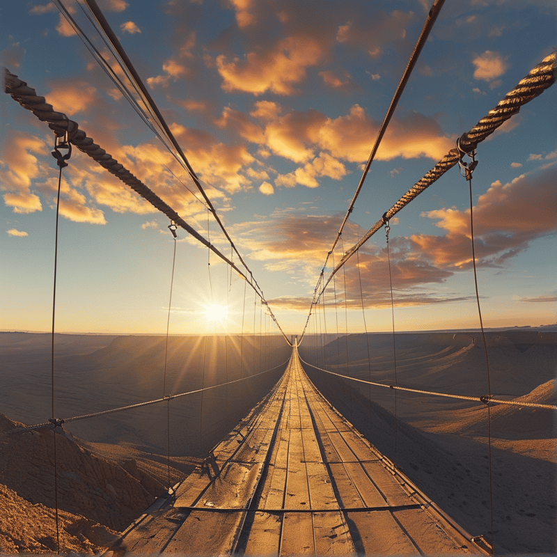 A view looking down a wooden plank walkway suspended by thick ropes above a vast rocky desert landscape during a bright sunrise.