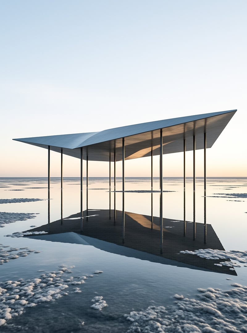 A slender modern canopy of thin columns stands reflected in the still water of a vast salt flat at dawn.