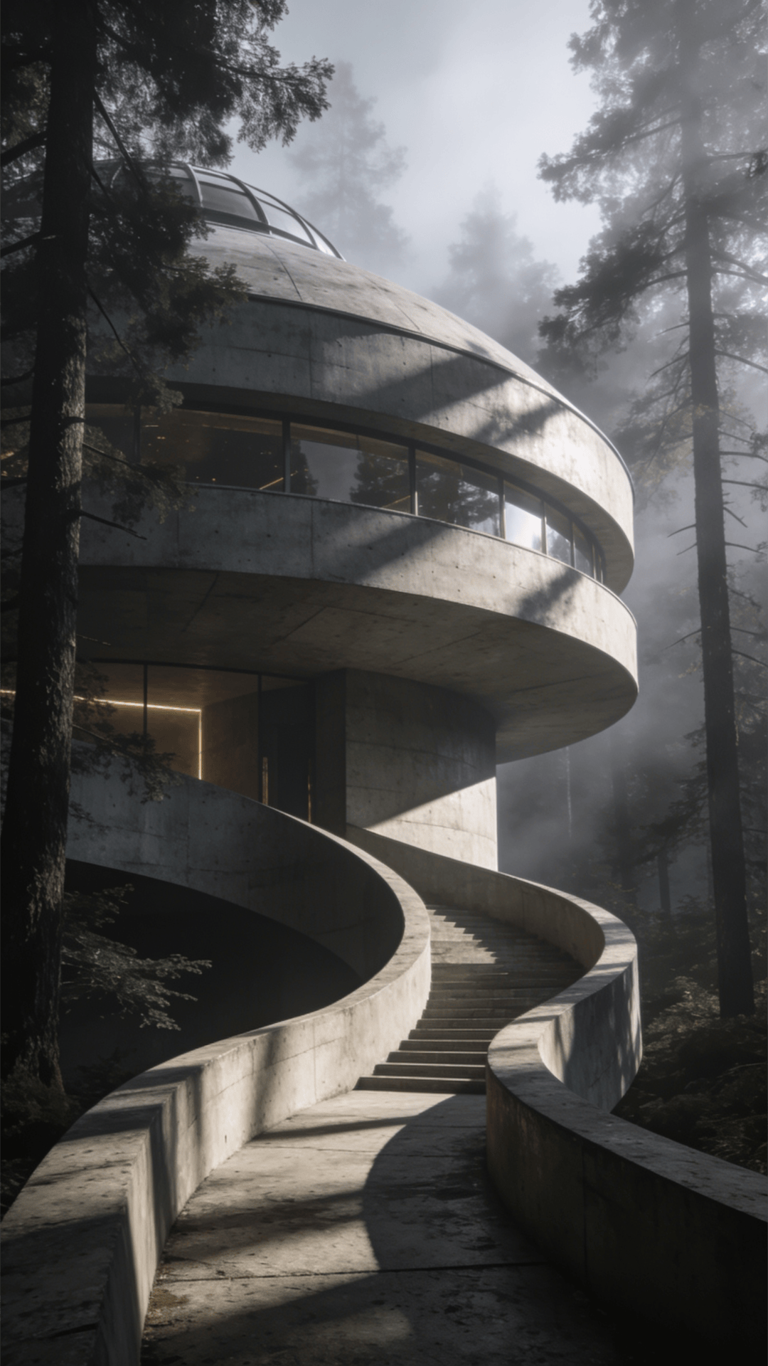 Observatory with Curved Concrete — Misty Forest