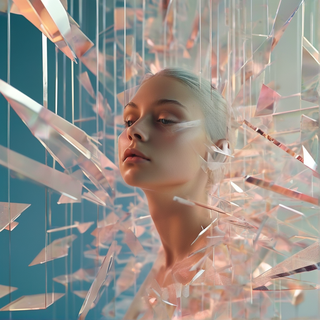 A close up portrait of a young woman with platinum hair looking upward while standing behind a dense arrangement of hanging translucent shards that catch warm pink light against a cool blue background