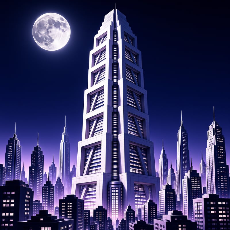A white tiered futuristic skyscraper stands at the center of a sprawling city under a deep blue sky with a bright full moon.