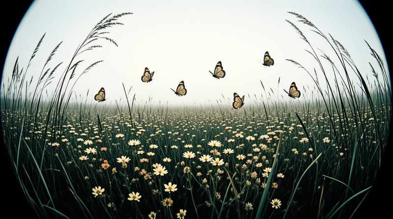 Seven butterflies fly in an arc above a field of white wildflowers and tall grass under a pale sky with dark edges.