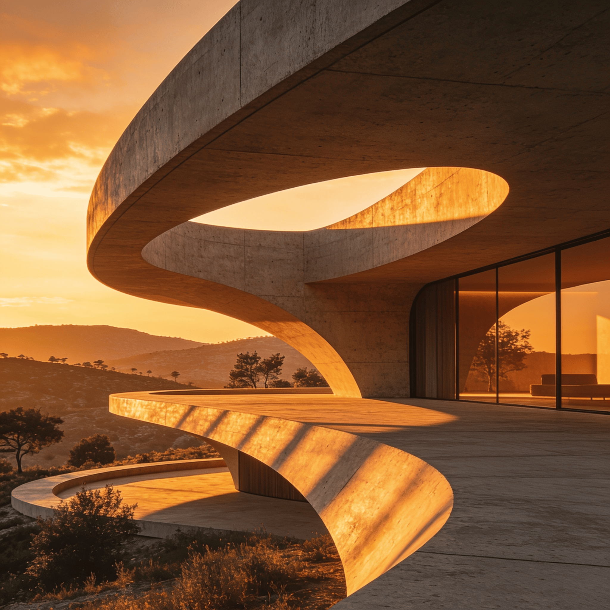Villa with Curved Concrete — Golden Sunset