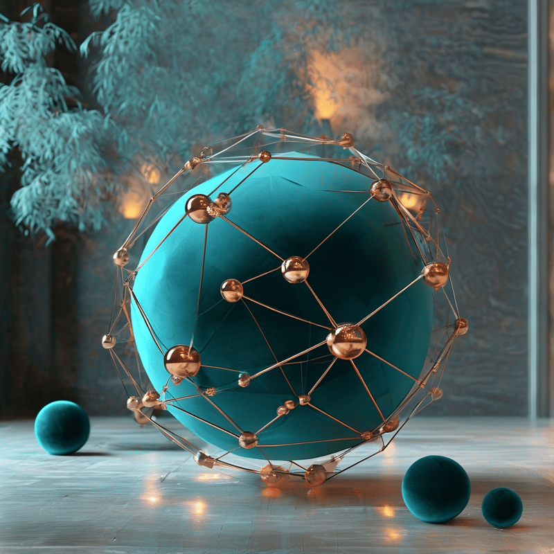 A large turquoise ball sits inside an open lattice of thin copper rods and nodes, surrounded by smaller spheres on the floor.