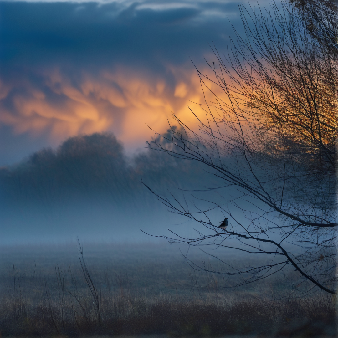 A lone bird rests on a bare branch while dense fog blankets the ground below a sky glowing with orange sunset hues.