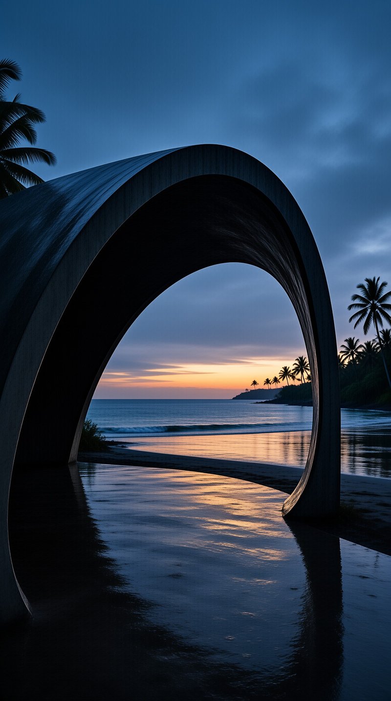 A smooth concrete arch stands on a wet beach framing palm trees and a soft sunset over the sea