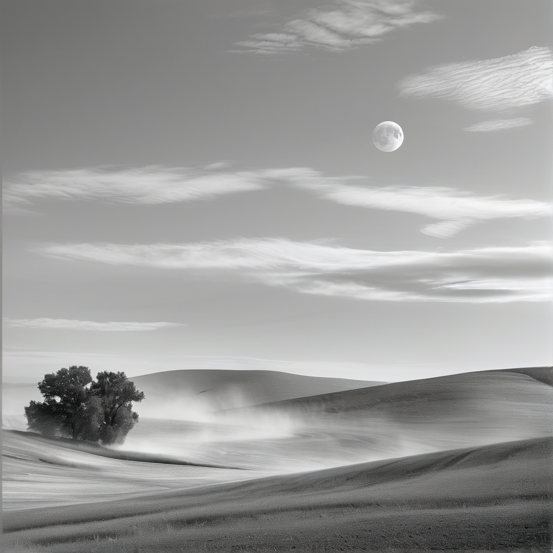 Grayscale scene of desert dunes with mist near trees and a moon visible among wispy clouds.
