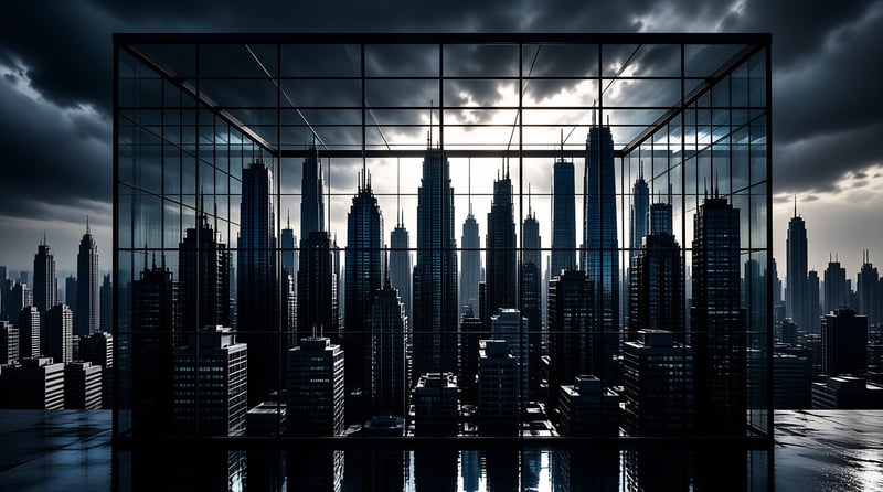 A glass panel structure frames a clustered skyscraper skyline beneath brooding storm clouds with faint sun rays peeking through