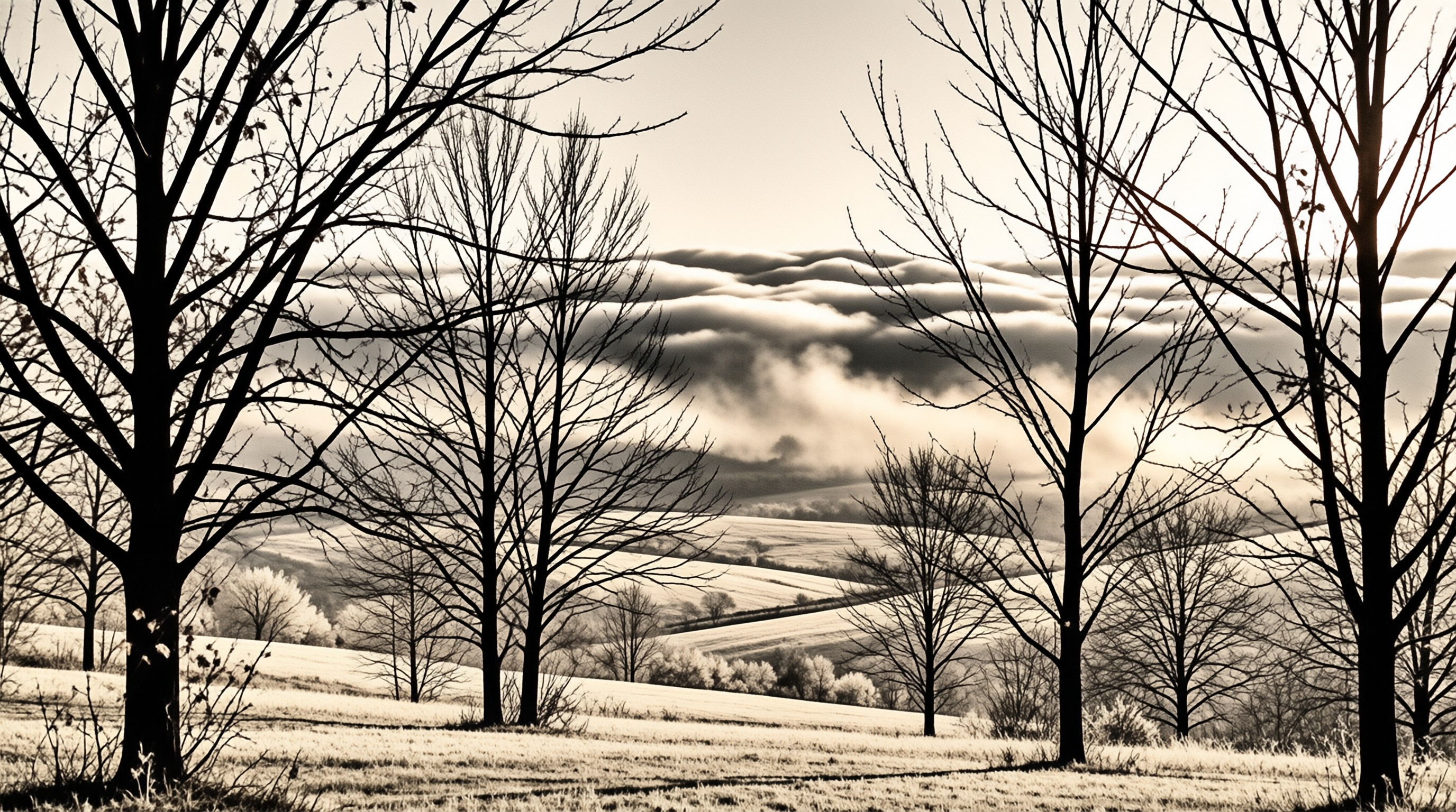 Bare trees stand in the foreground while snow covered hills roll into the distance under a sepia toned sky