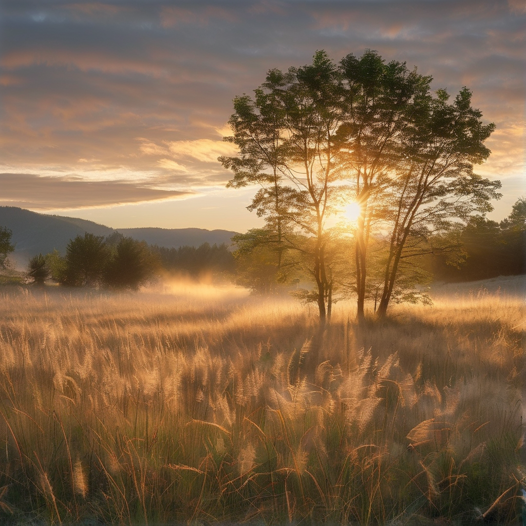 A cluster of trees silhouettes against the sky above a field of tall backlit grass and low lying morning mist.