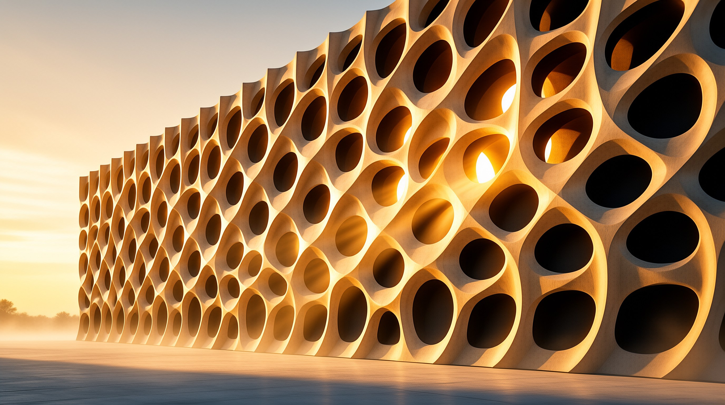 A sweeping beige wall pierced by rows of organic oval openings glows as low sunlight streams through its perforations