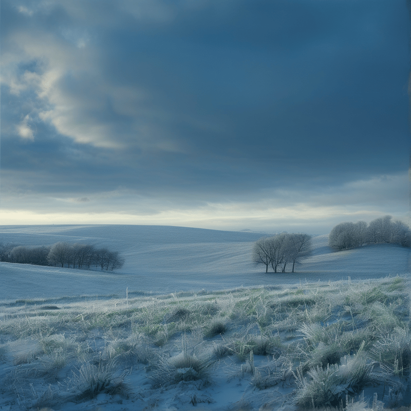 Frozen grasslands stretch beneath heavy clouds while bare trees stand in the misty distance.