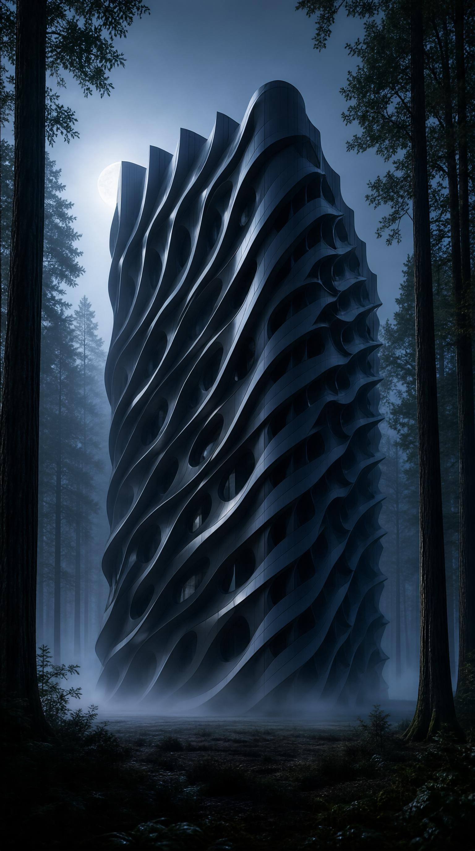 Surreal Tower in Misty Forest