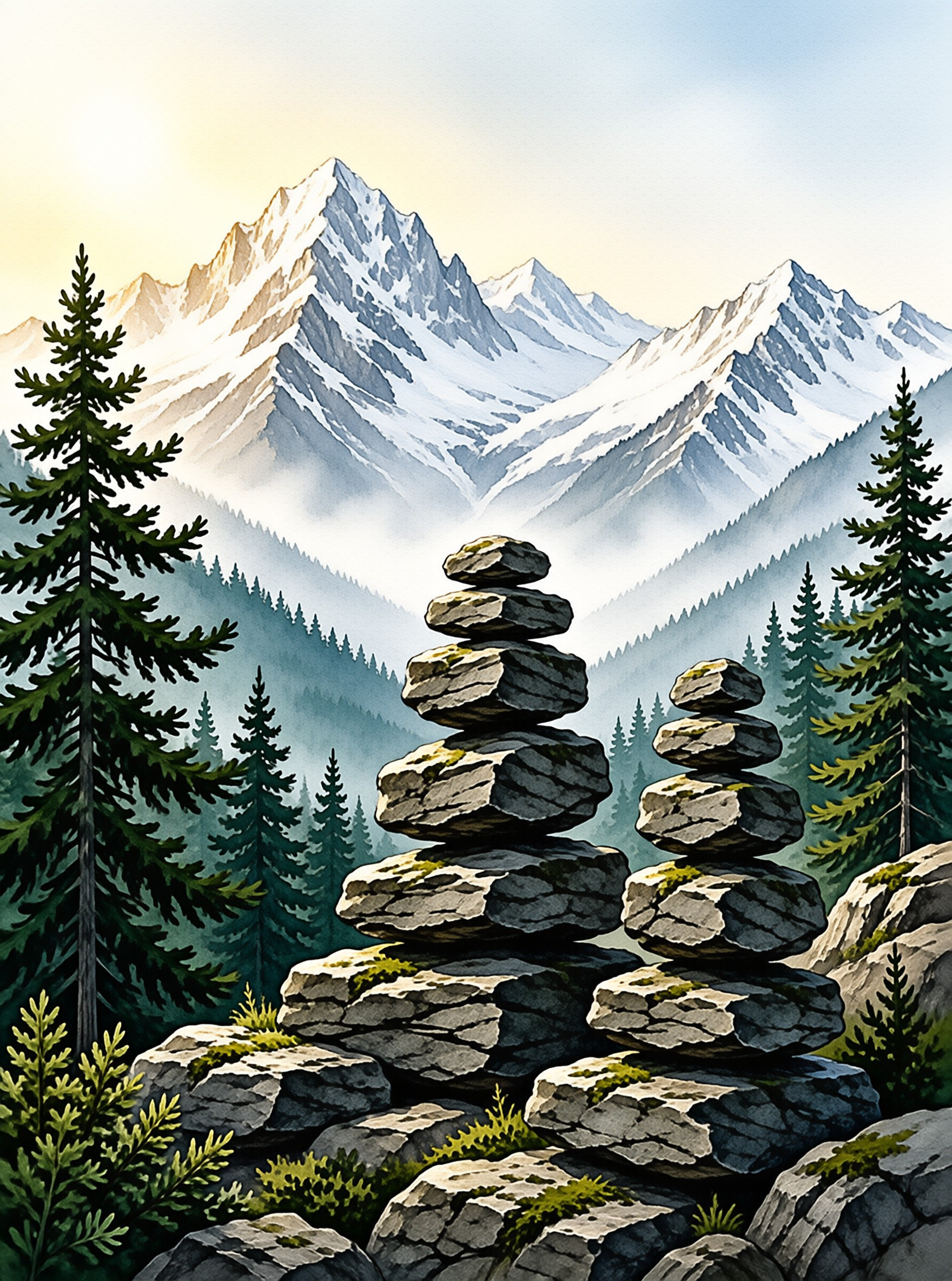 Two vertical stacks of balanced grey stones stand among mossy ground and evergreen trees, framing a distant range of blue mountains capped with snow under a soft warm sky.