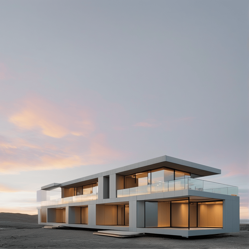 Modern two story white home stands on a barren open plain under a pale pink and grey dusk sky, warm light spilling from its large glass panels.