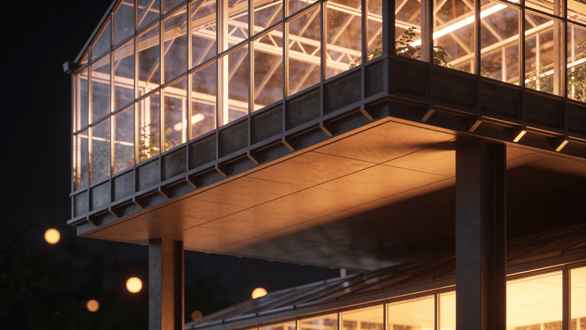 Greenhouse with Floating Cantilever — Night With Warm Lights
